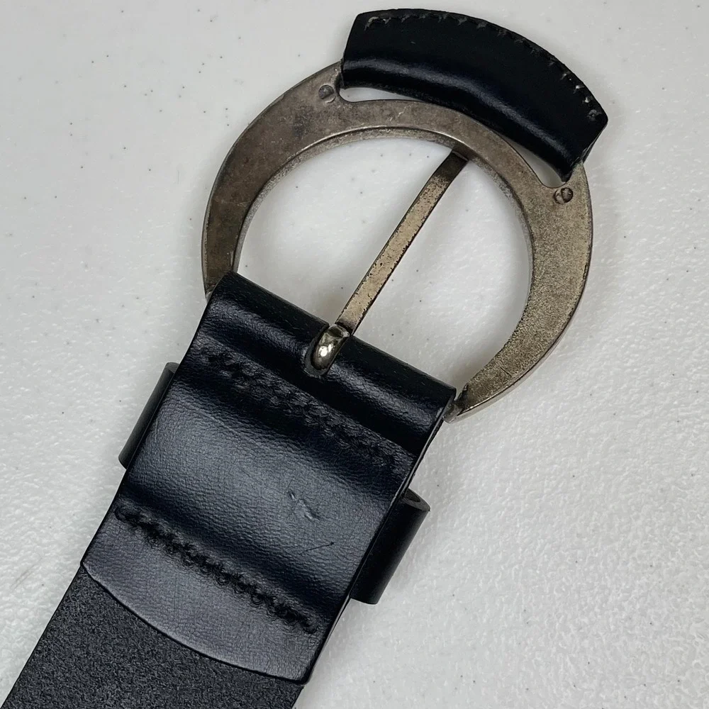 Vintage Eddie Bauer Leather Belt Women M Black Silver Crescent Buckle Western